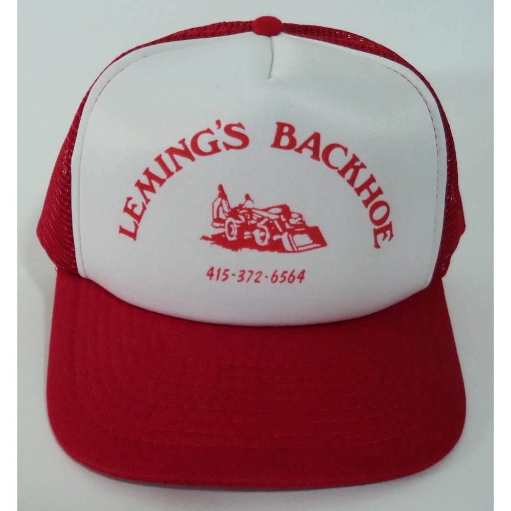Leming's Backhoe Snapback Mesh Truckers Hat Ball Cap Red and White